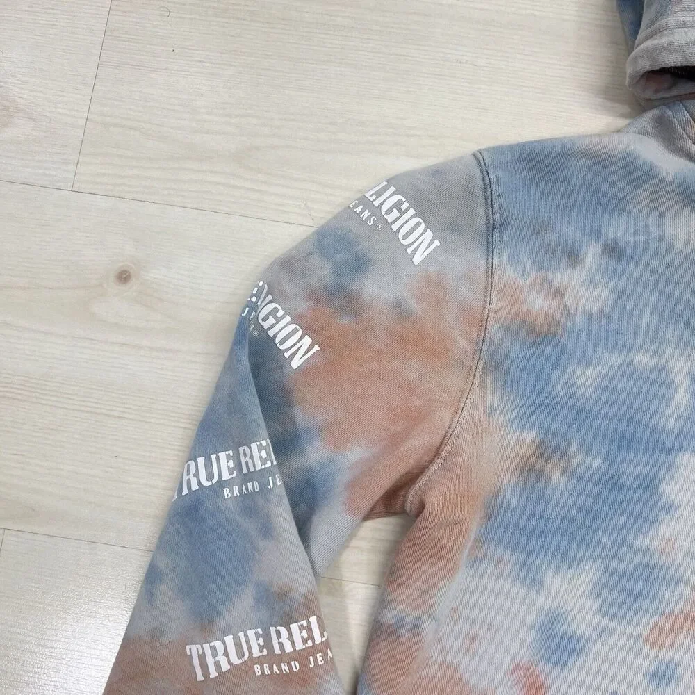 True Religion Hoodie Mens Small Tie Dye Blue Logo Spell Out Sleeves Pockets